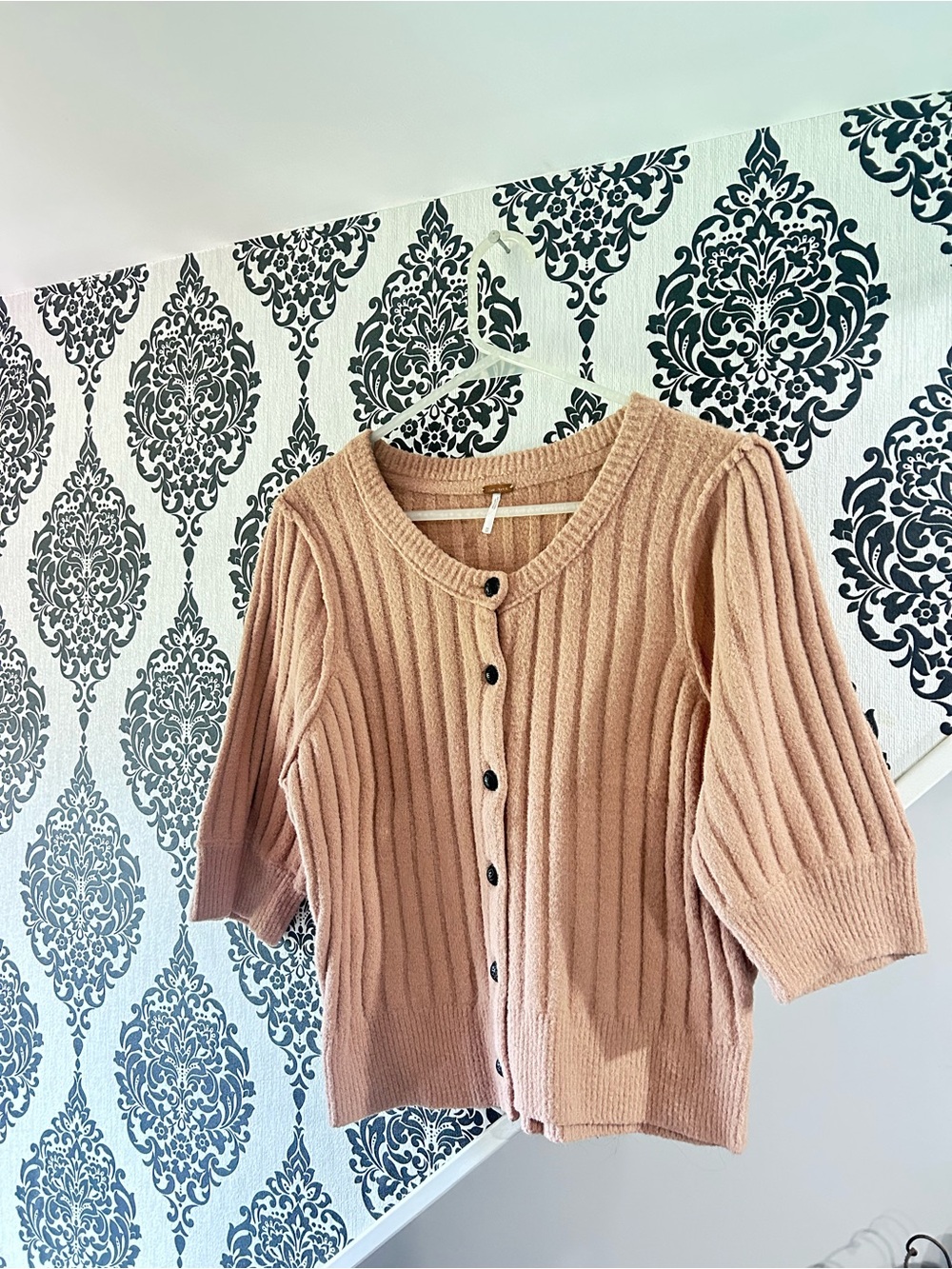 Free People Ribbed Button-Front Cardigan in Blush